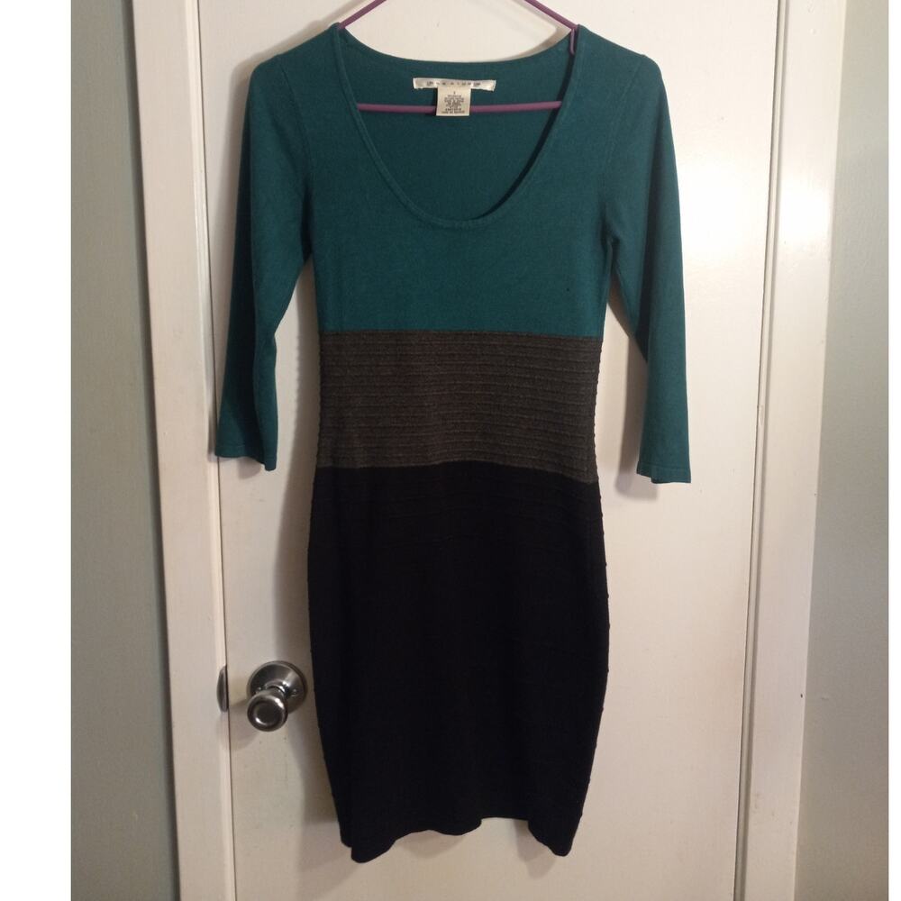 Emerald Black Colorblock Knit Bodycon Dress Small Ribbed Stretch Office Y2K